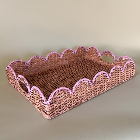 Scalloped Hand Painted Pink Rattan Tray angle view