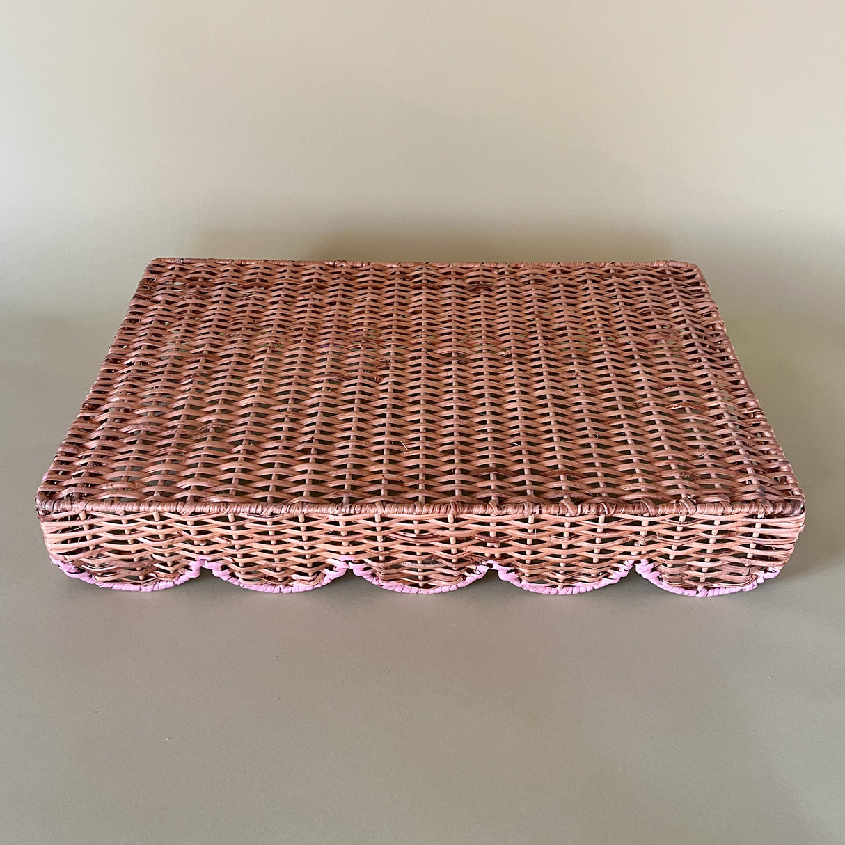Scalloped Hand Painted Pink Rattan Tray bottom view