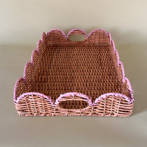 Scalloped Hand Painted Pink Rattan Tray end view