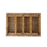 Bottom view of scalloped hand-painted pink rattan tray with woven construction details.