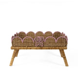 Scalloped hand-painted pink rattan tray front view with decorative ribbon detail.