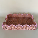 Scalloped Hand Painted Pink Rattan Tray side view
