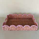 Scalloped Hand Painted Pink Rattan Tray side view