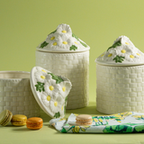 Vintage White Porcelain Basketweave and Daisy Canisters, Set of 3