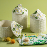 Vintage White Porcelain Basketweave and Daisy Canisters, Set of 3