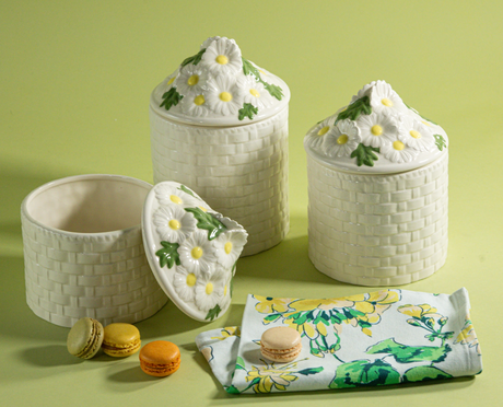 Vintage White Porcelain Basketweave and Daisy Canisters, Set of 3