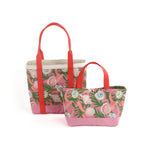 a set of large and small Shell Seekers Pink and Green Canvas Tote Bag against a white background