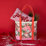 Shell Seekers canvas large tote bag with pink fabric with a repeating seaweed and shell motif with a pillow sticking out of top