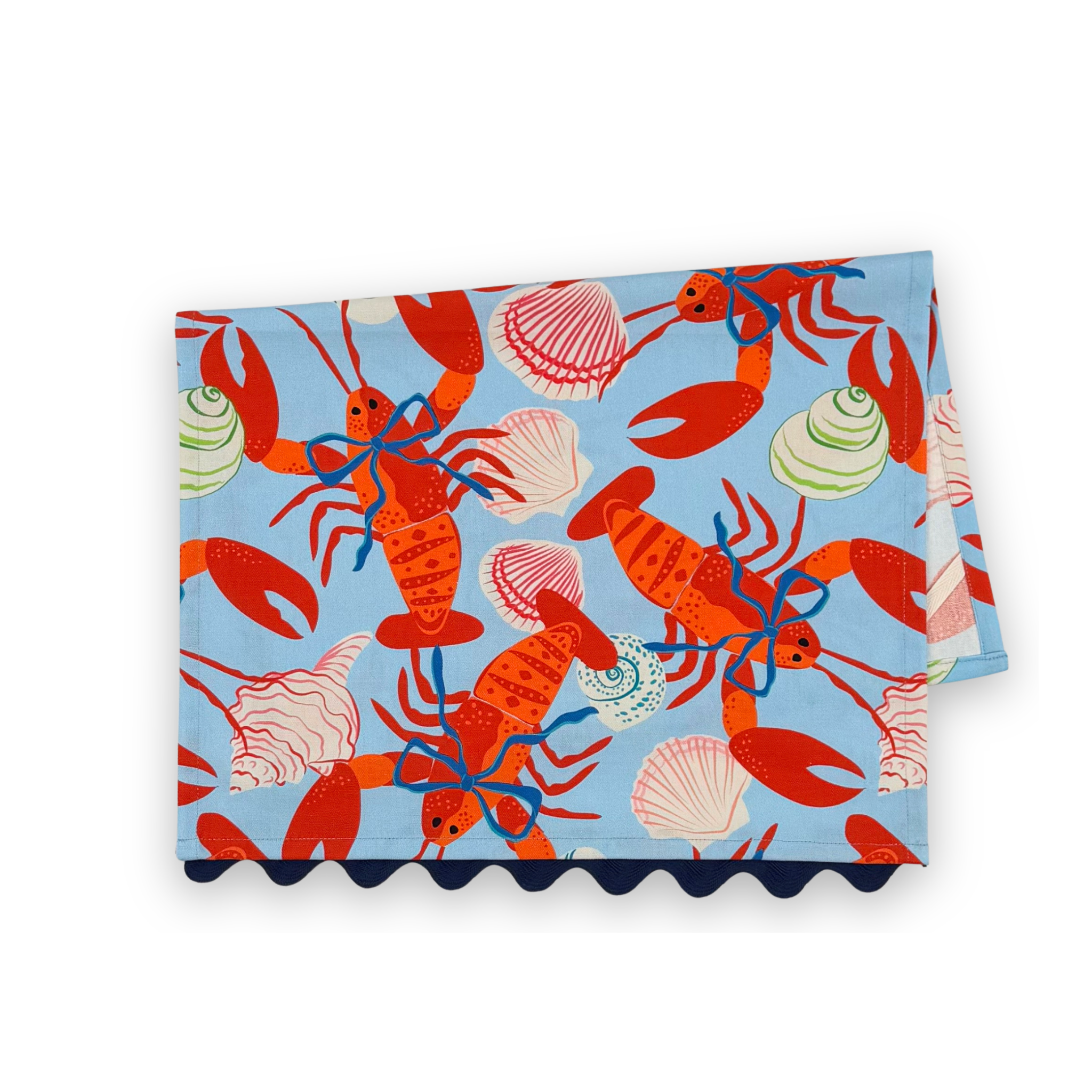 Folded Shells and Lobsters cotton tea towel featuring bright red lobsters and colorful seashells on a light blue background.
