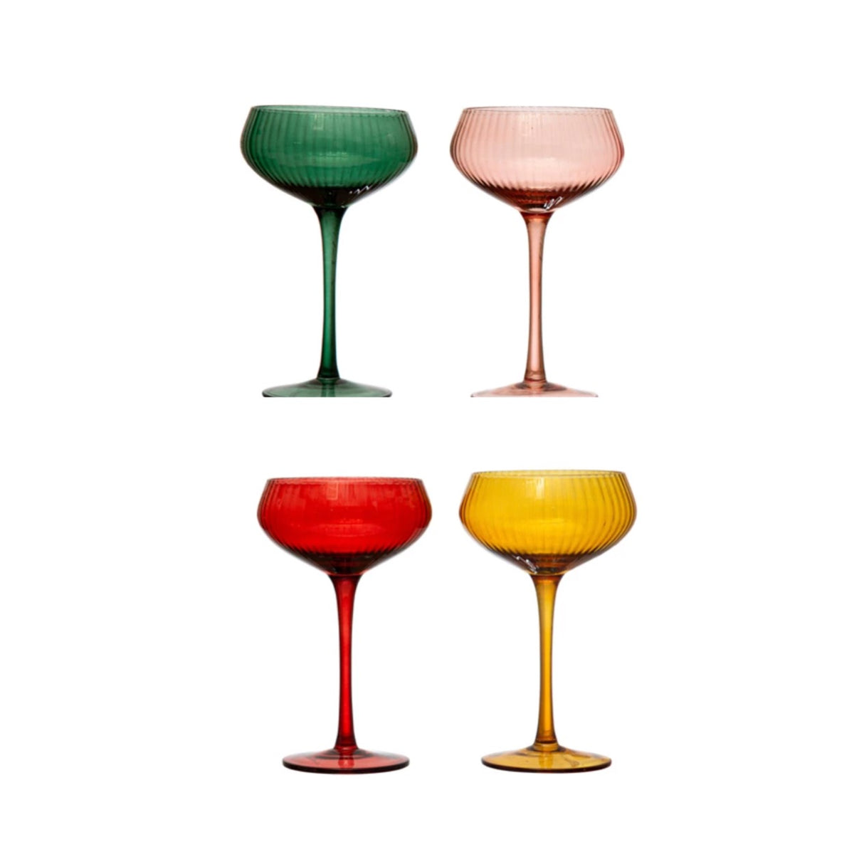 Colored Glass Stemmed/Coupe Champagne Glasses, Set of 4