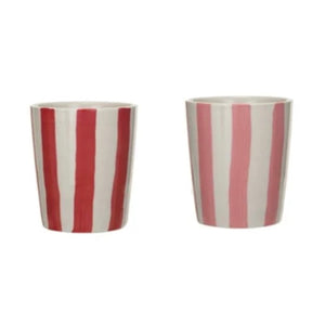 Hand-Painted Pink and Red Striped Ceramic Christmas Cups, Set of 2