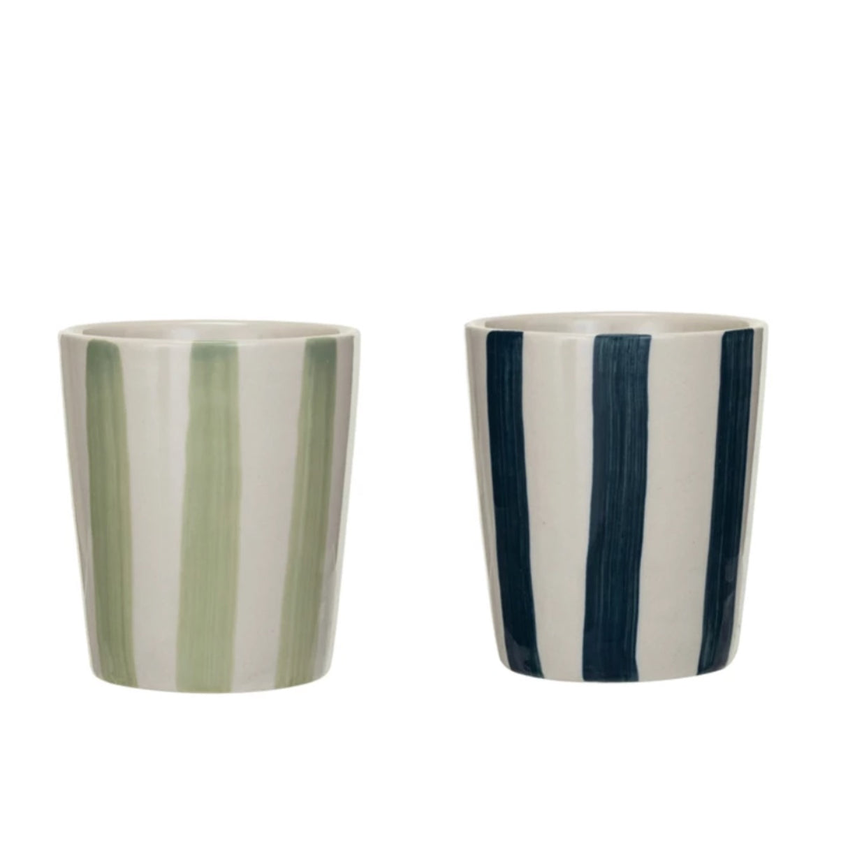 Hand-Painted Blue and Green Striped Ceramic Christmas Cups, Set of 2