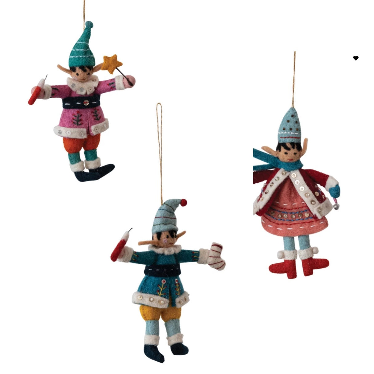 Handmade Wool Felt Elf Christmas Ornaments, Set of 3