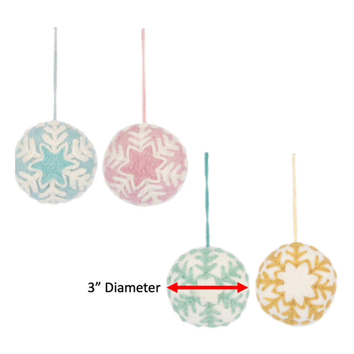 Stitched Pastel Snowflake Ball Christmas Ornaments, Set of 4