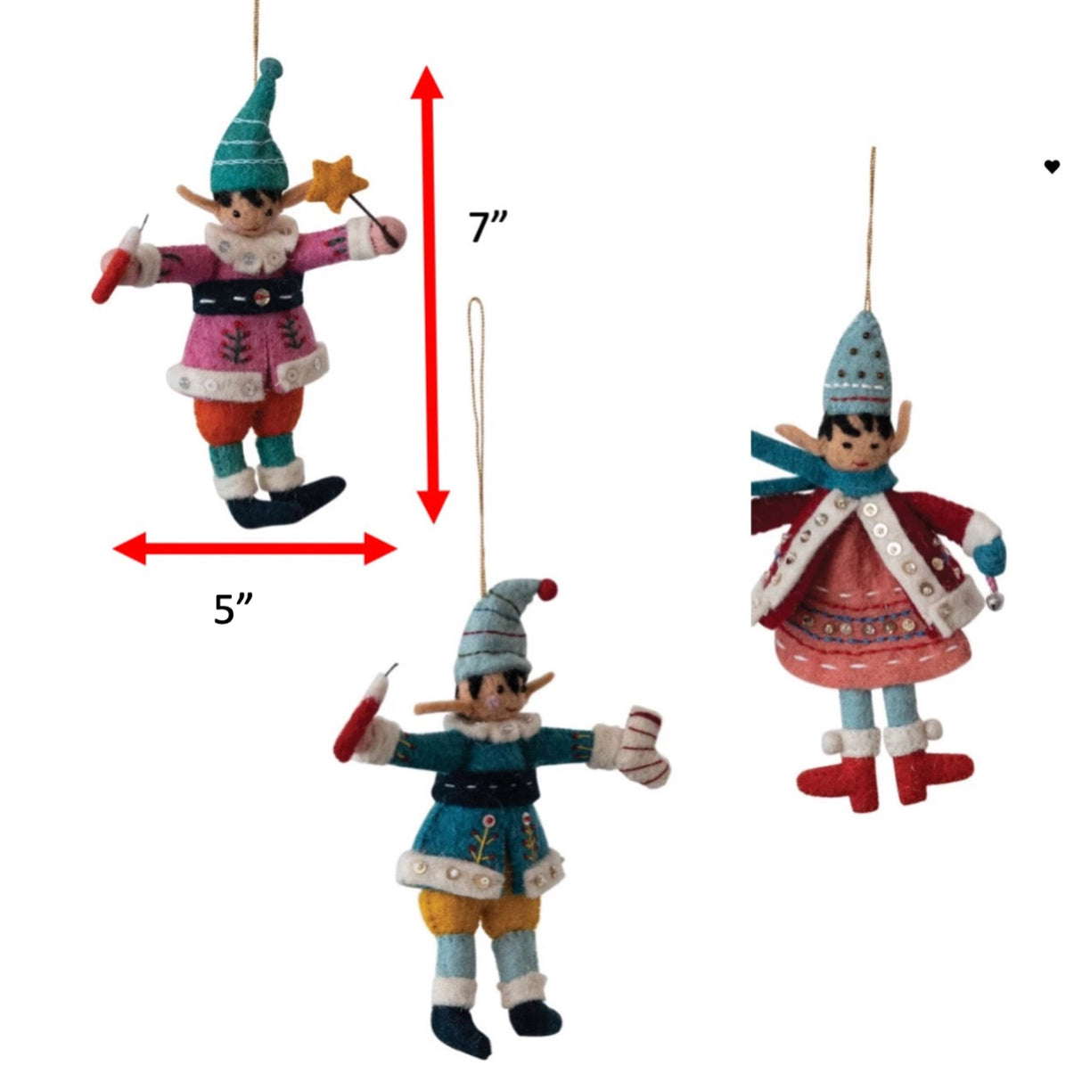 Handmade Wool Felt Elf Christmas Ornaments, Set of 3