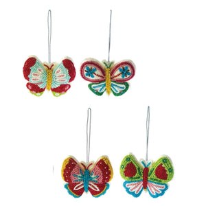 Cotton/Velvet/Glass Beaded Butterfly Christmas Ornaments, Set of 4