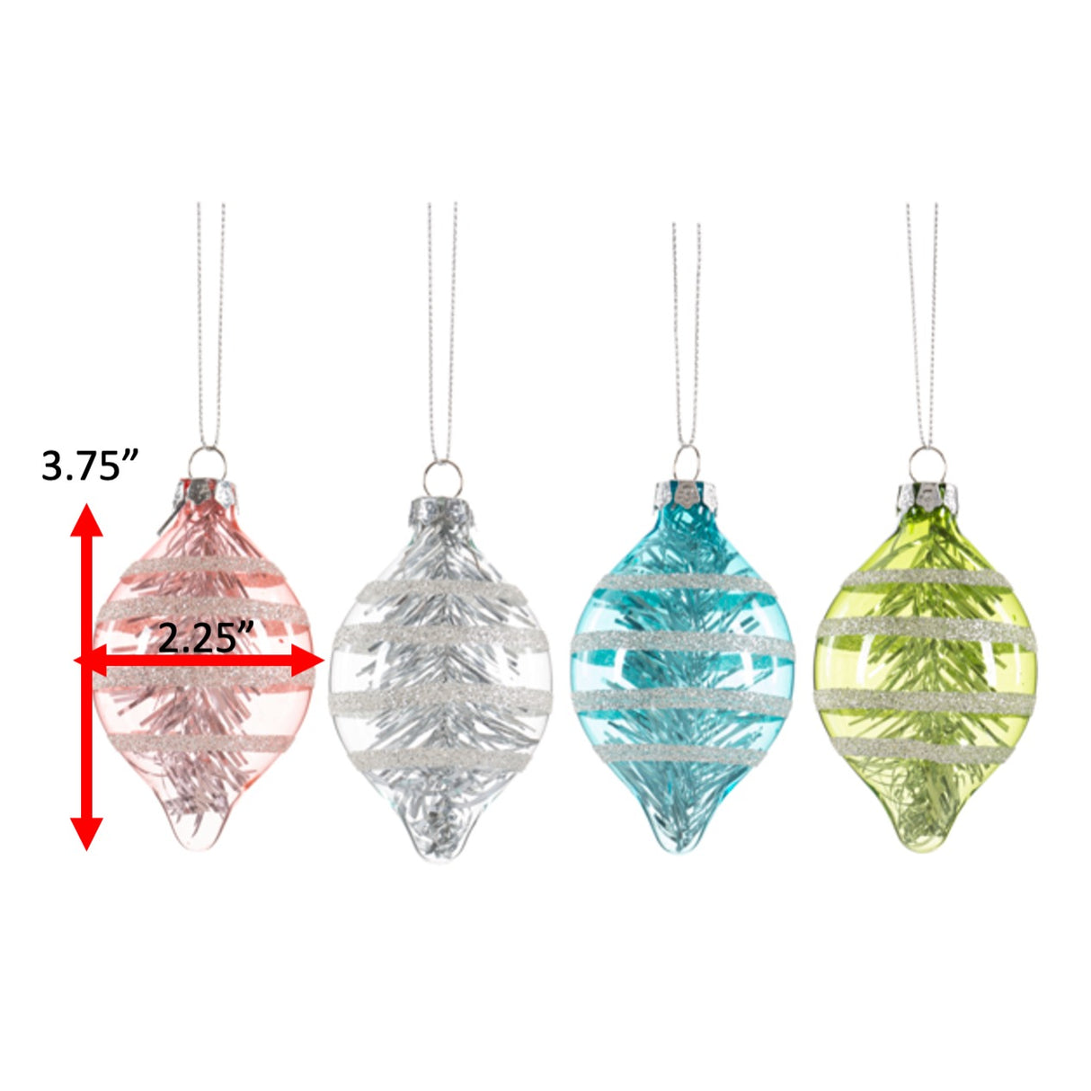 Vintage Style Pastel Glass-Drop Glitter Christmas Ornaments, Set of 4