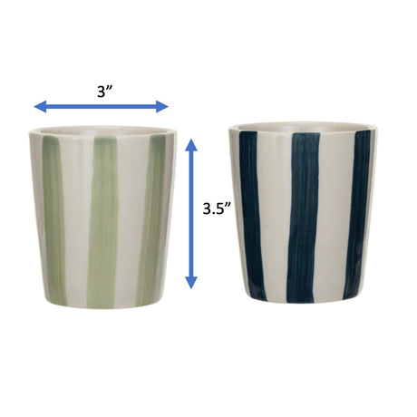 Hand-Painted Blue and Green Striped Ceramic Christmas Cups, Set of 2