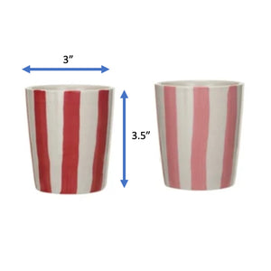 Hand-Painted Pink and Red Striped Ceramic Christmas Cups, Set of 2