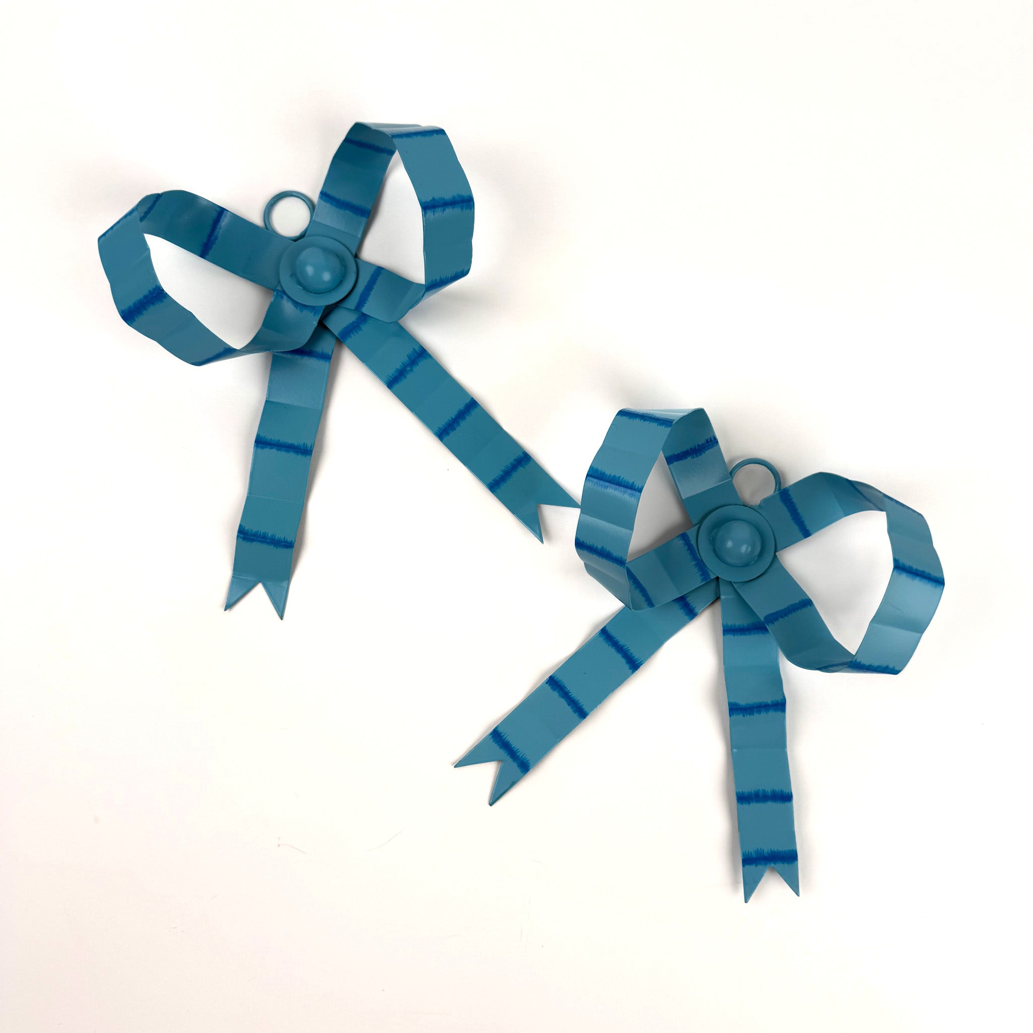 pair of small blue striped bow ornaments with loop hangers