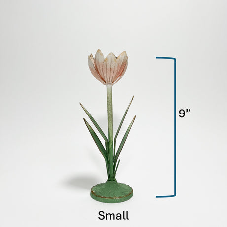 Small tulip hand-painted tole metal flower candle holder with dimensions