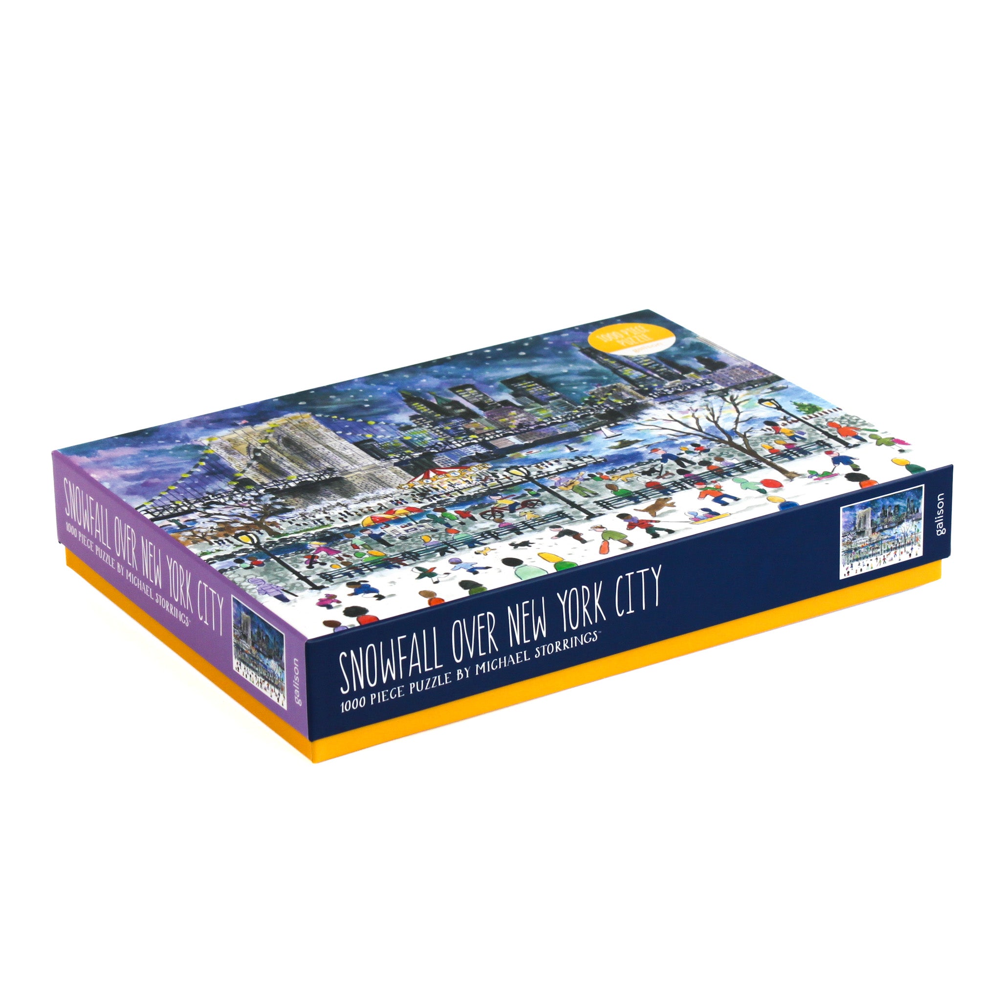 Angled view of the “Snowfall Over New York City” 1000-piece puzzle box featuring a winter city scene.