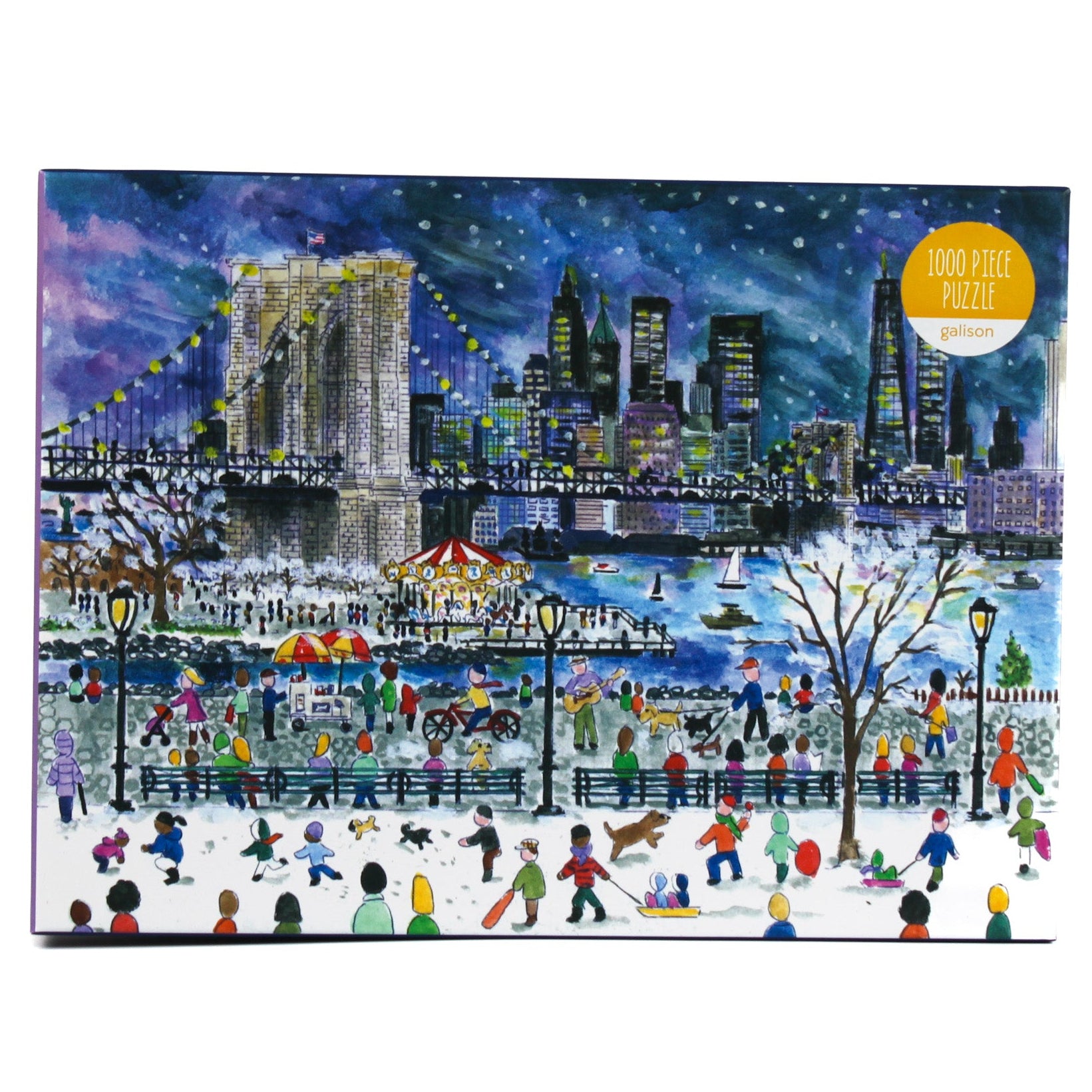 Front view of the “Snowfall Over New York City” 1000-piece puzzle box with illustrated winter skyline.