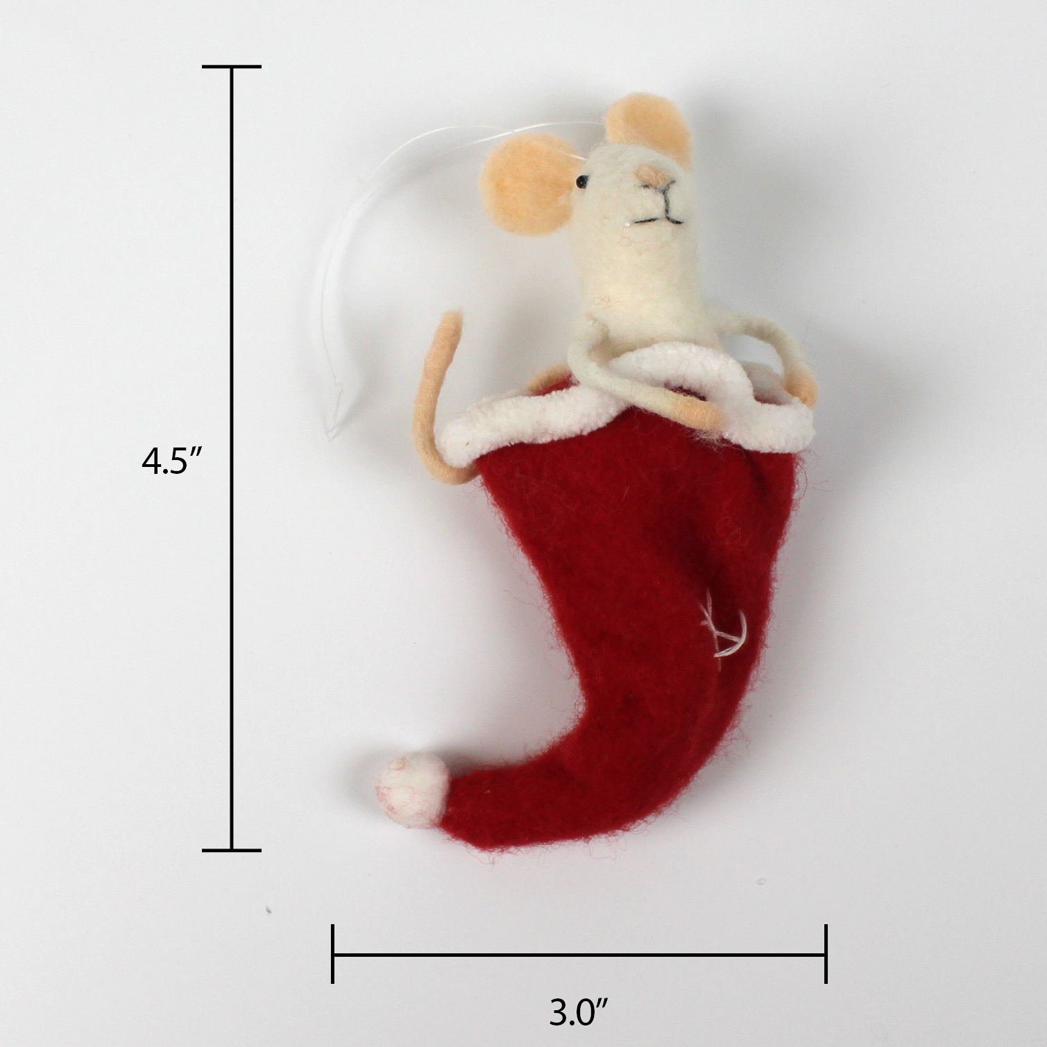A 4.5-inch tall and 3-inch wide felt mouse ornament sitting inside a red Christmas stocking with white trim.