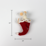 A 4.5-inch tall and 3-inch wide felt mouse ornament sitting inside a red Christmas stocking with white trim.