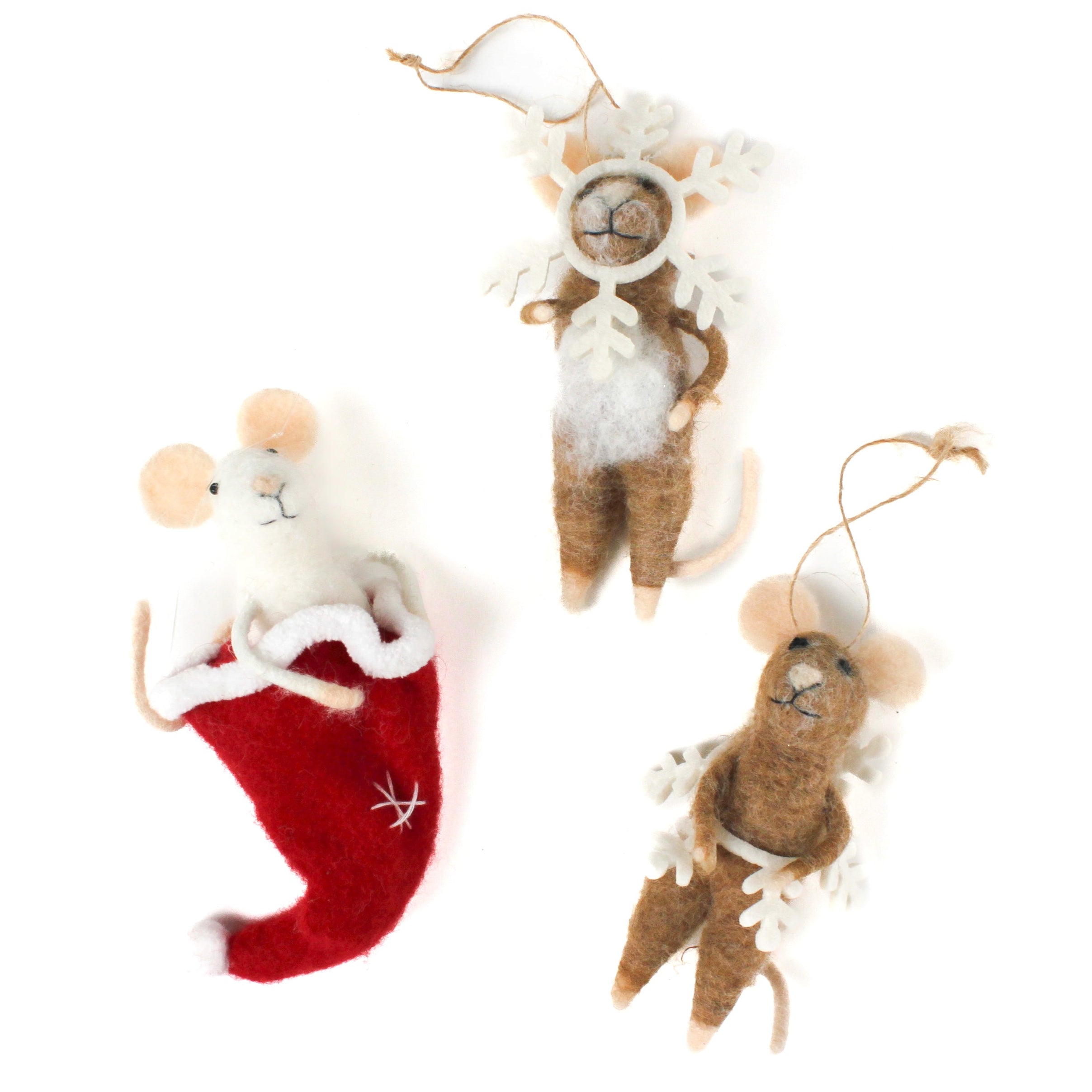 Three felt mouse ornaments, one peeking out of a red Christmas stocking and two wearing white snowflake costume frames, shown lying flat.