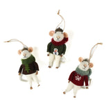 Three felt mouse ornaments wearing cozy sweaters with festive designs—a snowman, a tree, and a snowflake—each topped with a tiny acorn cap and ready to hang.
