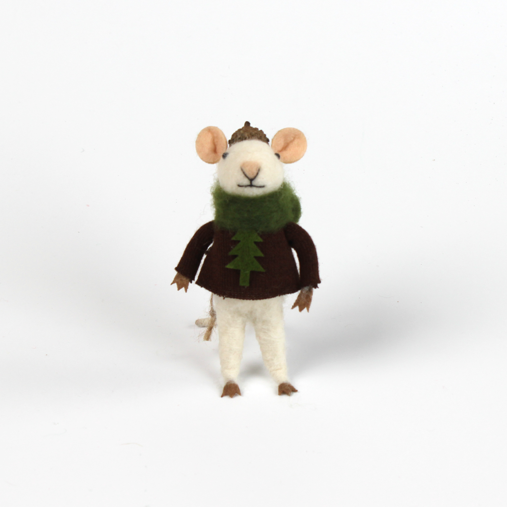 one felt mouse ornaments wearing cozy sweaters with a tree design — topped with a tiny acorn cap and ready to hang.
