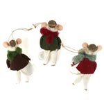 back of the Three felt mouse ornaments wearing cozy sweaters with festive designs—a snowman, a tree, and a snowflake—each topped with a tiny acorn cap and ready to hang.
