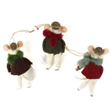 back of the Three felt mouse ornaments wearing cozy sweaters with festive designs—a snowman, a tree, and a snowflake—each topped with a tiny acorn cap and ready to hang.
