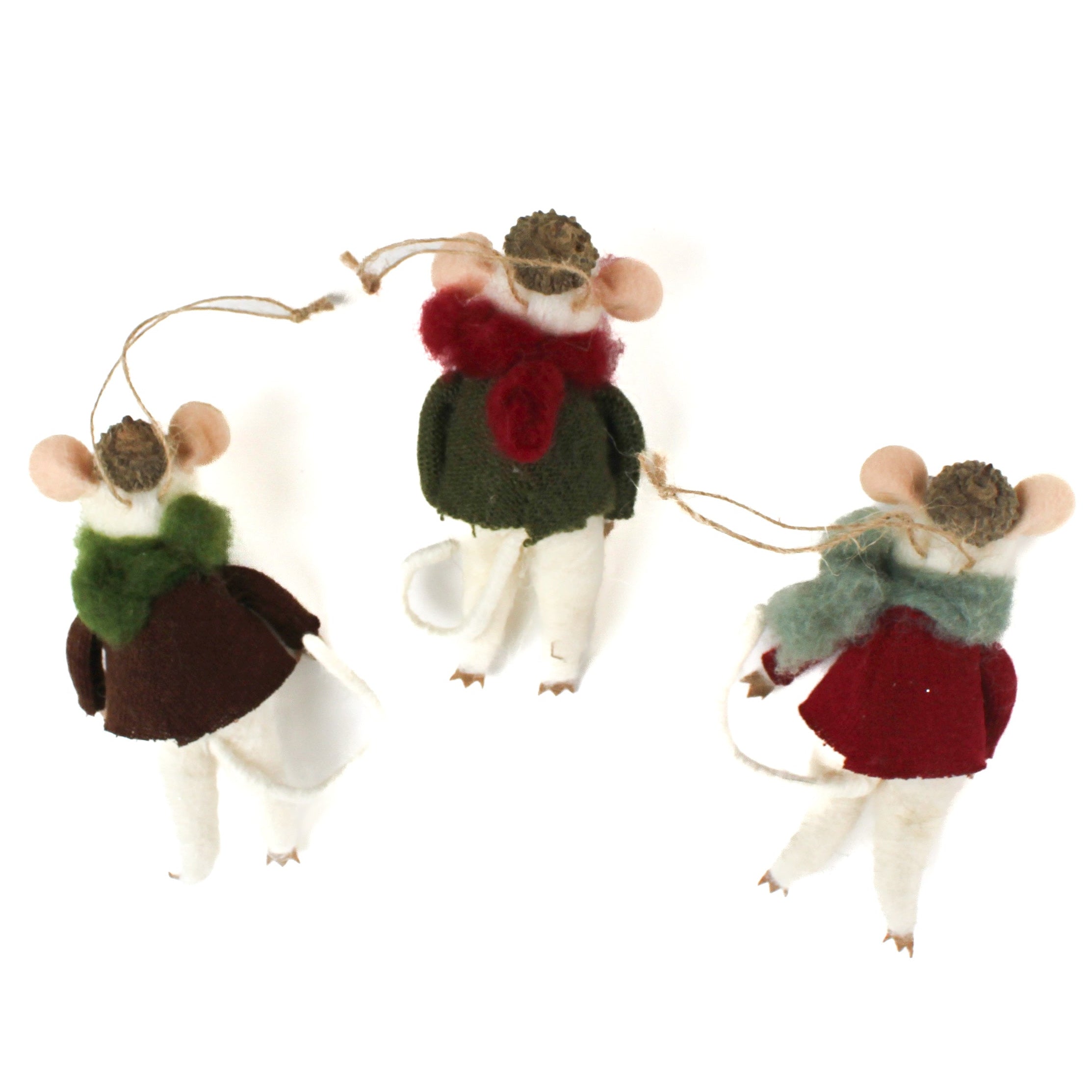 back of the Three felt mouse ornaments wearing cozy sweaters with festive designs—a snowman, a tree, and a snowflake—each topped with a tiny acorn cap and ready to hang.
