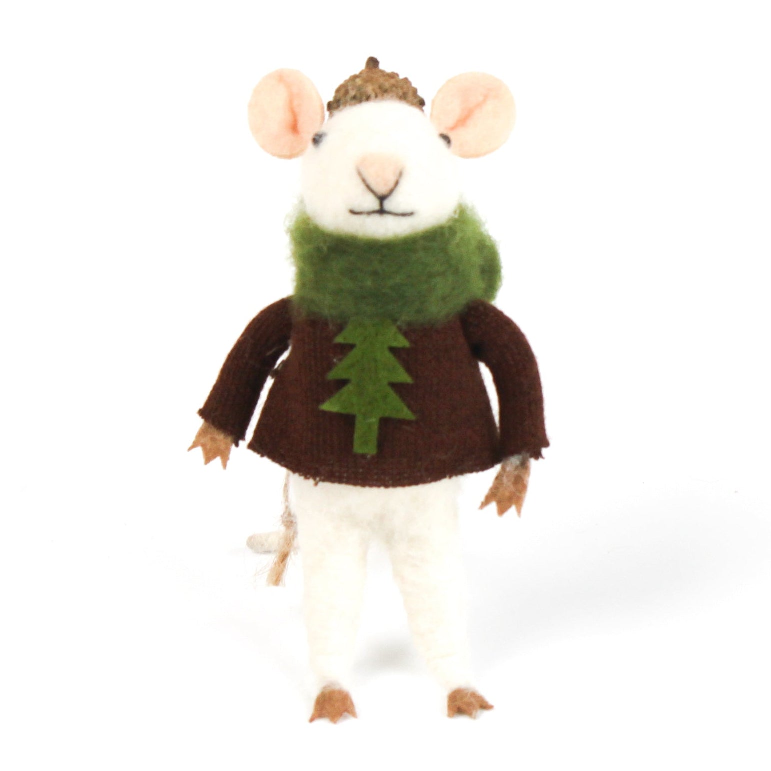 one felt mouse ornaments wearing cozy sweaters with a tree design — topped with a tiny acorn cap and ready to hang.
