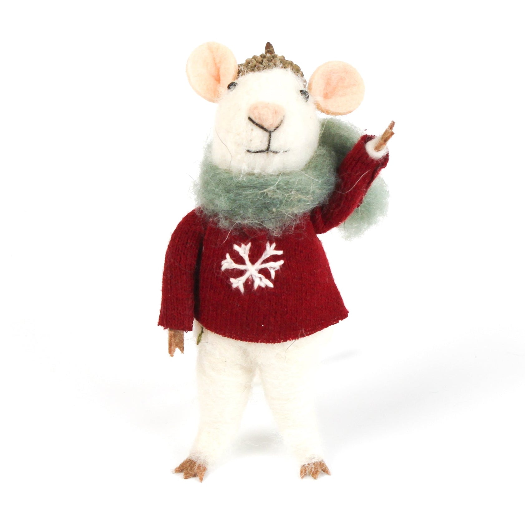 one felt mouse ornaments wearing cozy sweaters with festive designs—a snowflake—topped with a tiny acorn cap and ready to hang.
