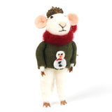 one felt mouse ornaments wearing cozy sweaters with festive designs—a snowman—topped with a tiny acorn cap and ready to hang.