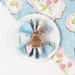 cloth napkins featuring a blue background with vintage floral plate with bunny ring design.