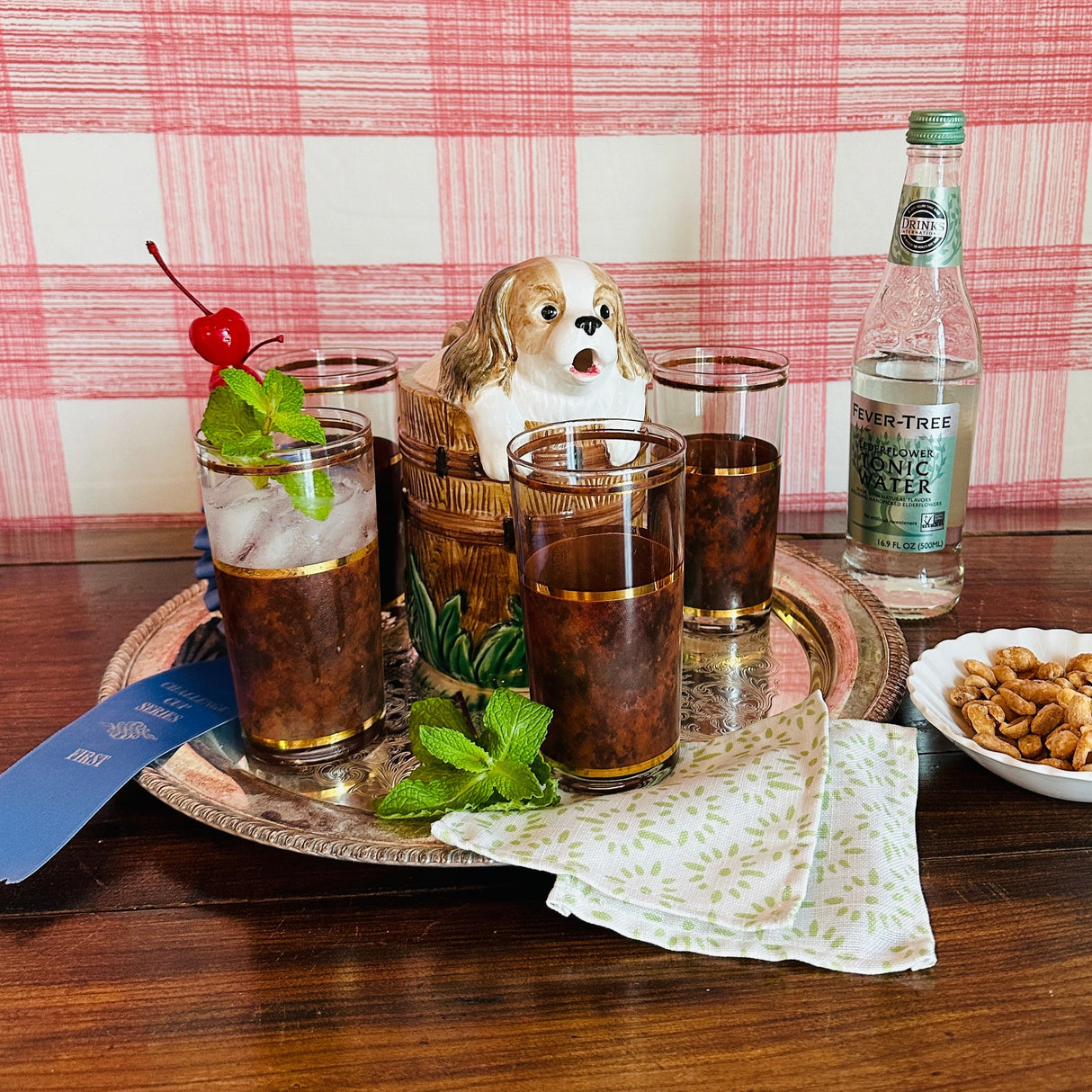 Dog in Whisky Barrel Water Pitcher Drinks Set, Set of 5 Water Glasses