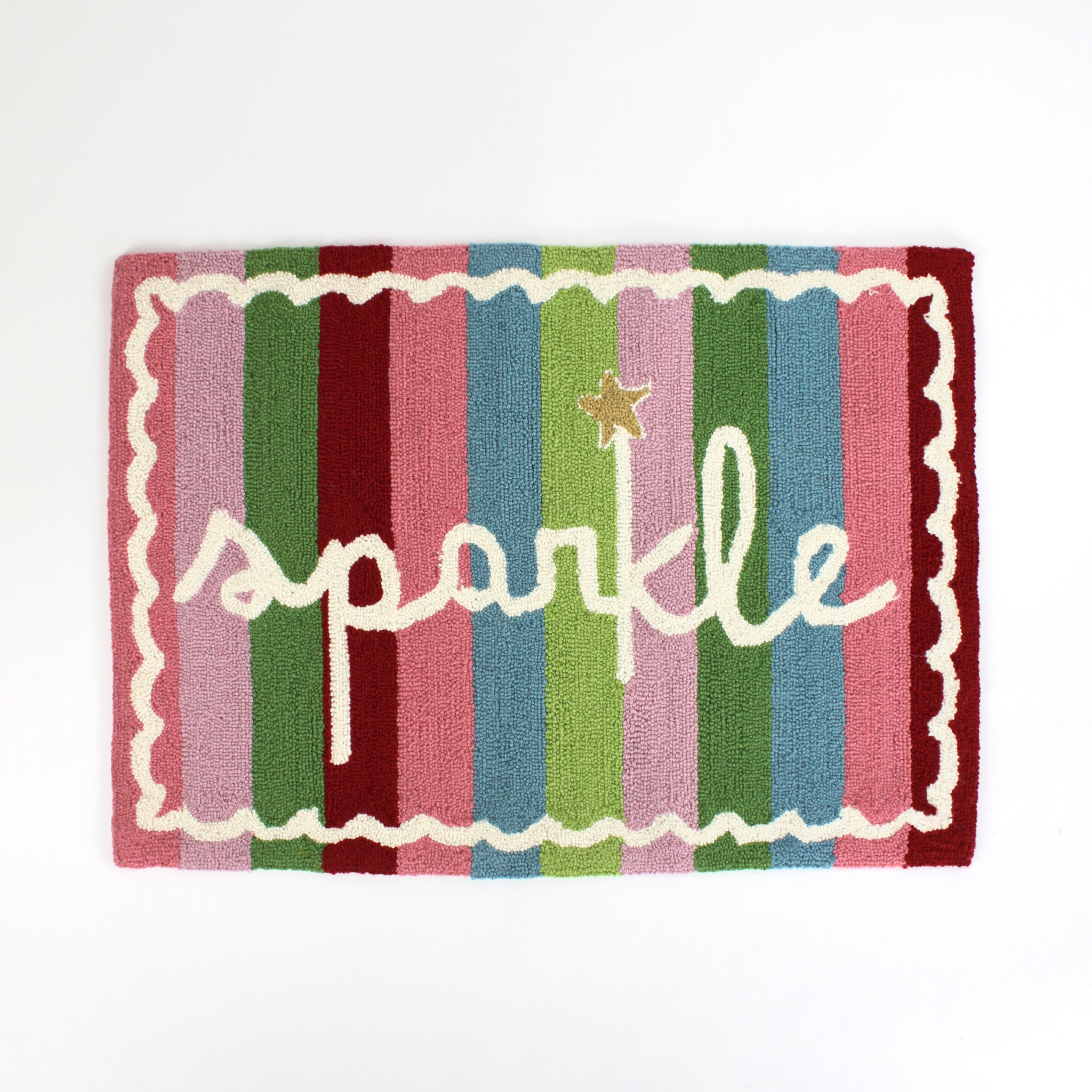 A striped rectantgular Christmas rug that says "sparkle" and has a white scalloped motif at the border