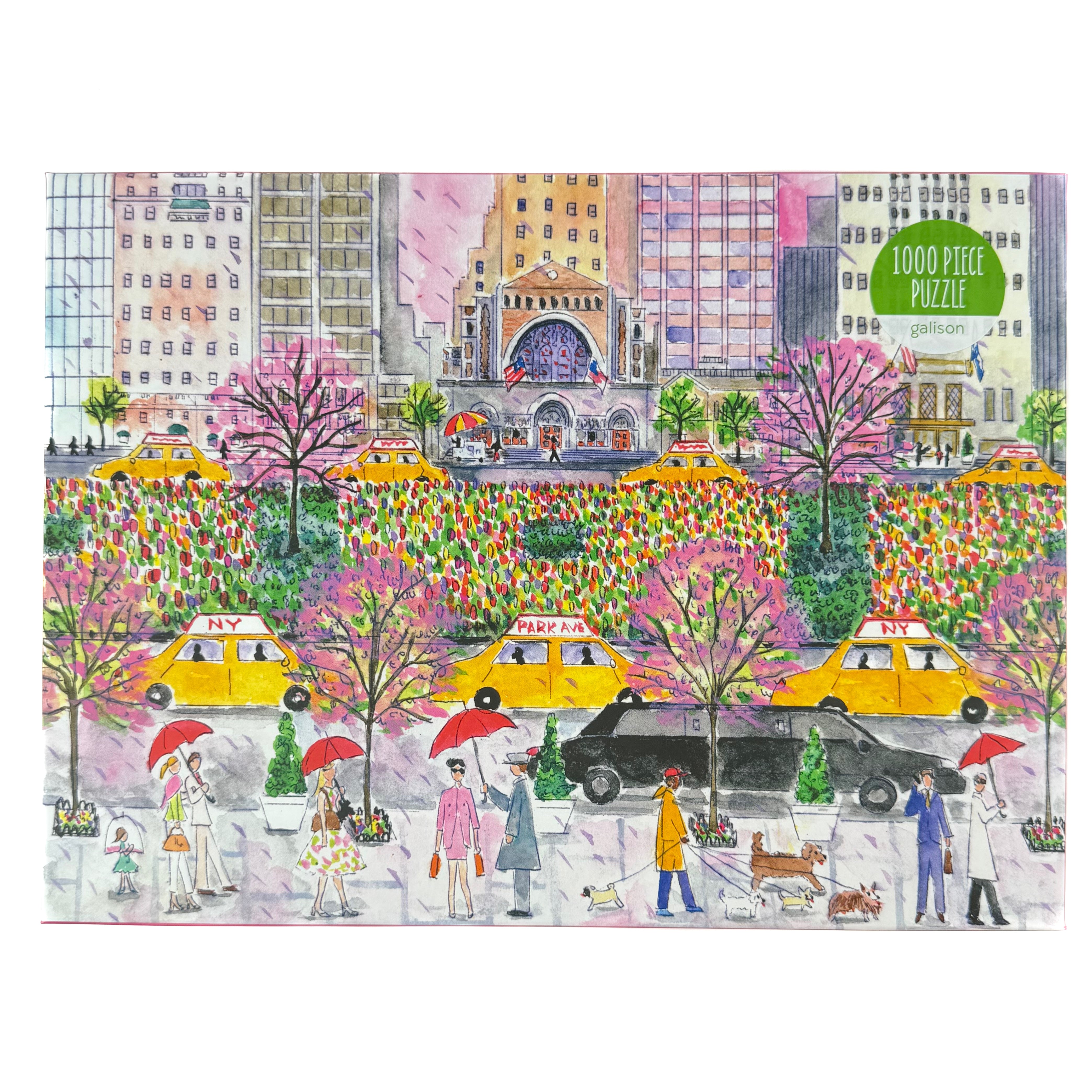 Front of 1000 piece jigsaw puzzle with spring city park avenue scene with taxis and cherry blossoms