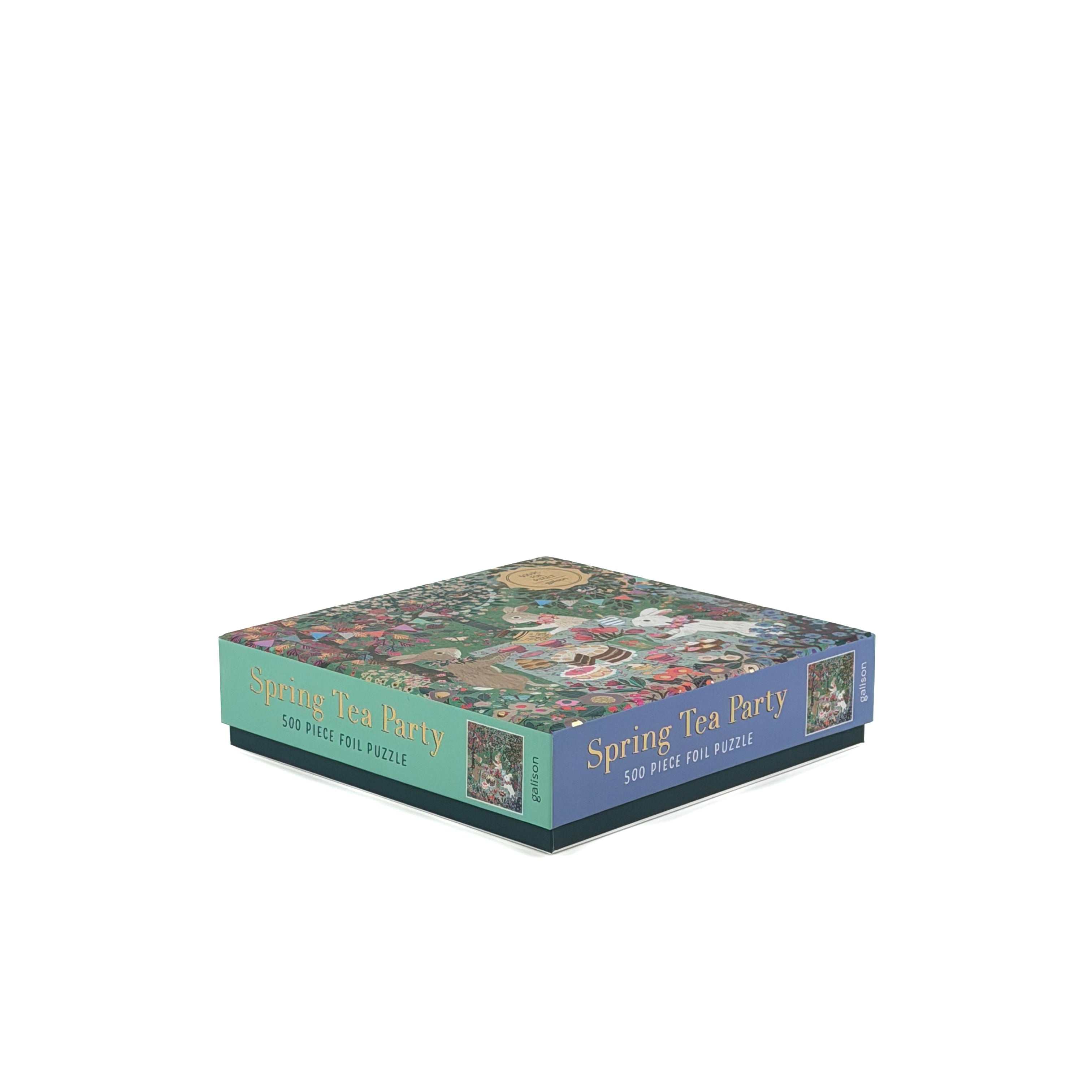 flat side of 500 piece jigsaw puzzle with spring tea party scene