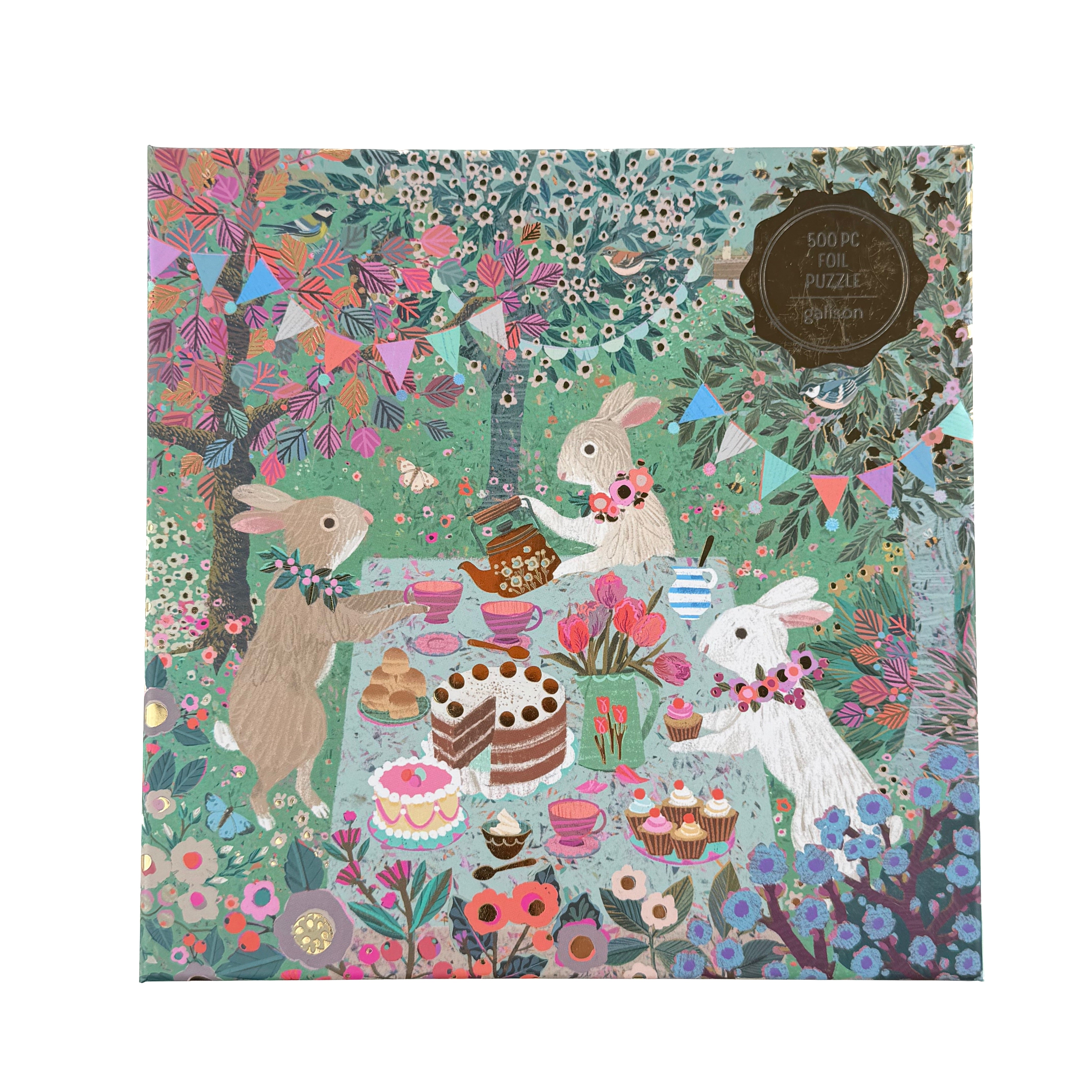 Front of 500 piece jigsaw puzzle with spring tea party scene