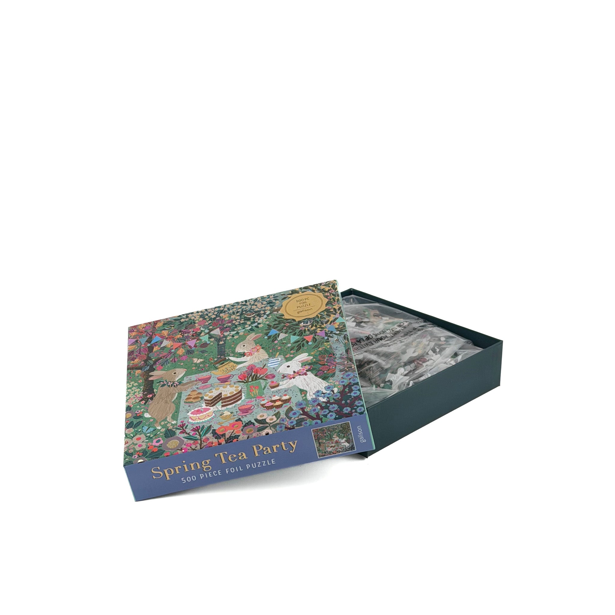 500 piece jigsaw puzzle with spring tea party scene and open box