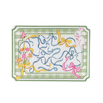 Spring Easter paper placemat with bunny, ribbons, and floral illustration.