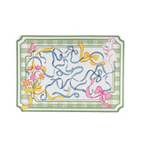 Spring Easter paper placemat with bunny, ribbons, and floral illustration.