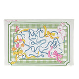 Spring Easter paper placemat with bunny, ribbons, and floral illustration.