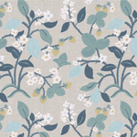 Lemon and strawberry wallpaper featuring white and blue motifs on a grey background