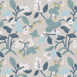 Lemon and strawberry wallpaper featuring white and blue motifs on a grey background